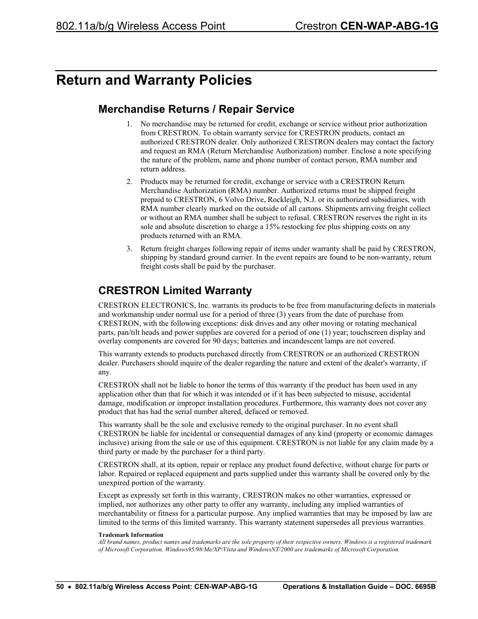 Return and warranty policies, Merchandise returns / repair service, Crestron limited warranty | Crestron electronic One-Gang 802.11a/b/g Wireless Access Point CEN-WAP-ABG-1G User Manual | Page 54 / 56