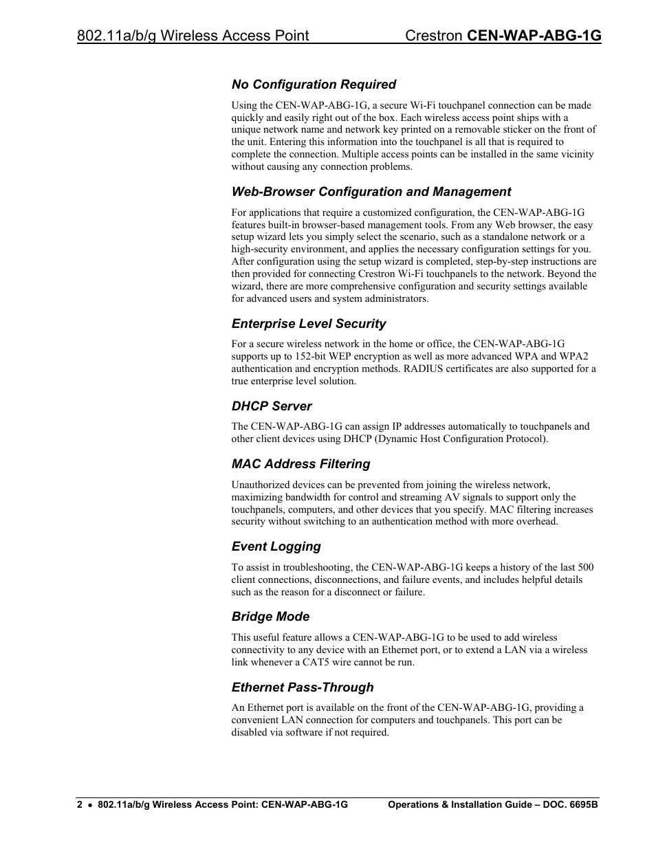 Crestron electronic One-Gang 802.11a/b/g Wireless Access Point CEN-WAP-ABG-1G User Manual | Page 6 / 56