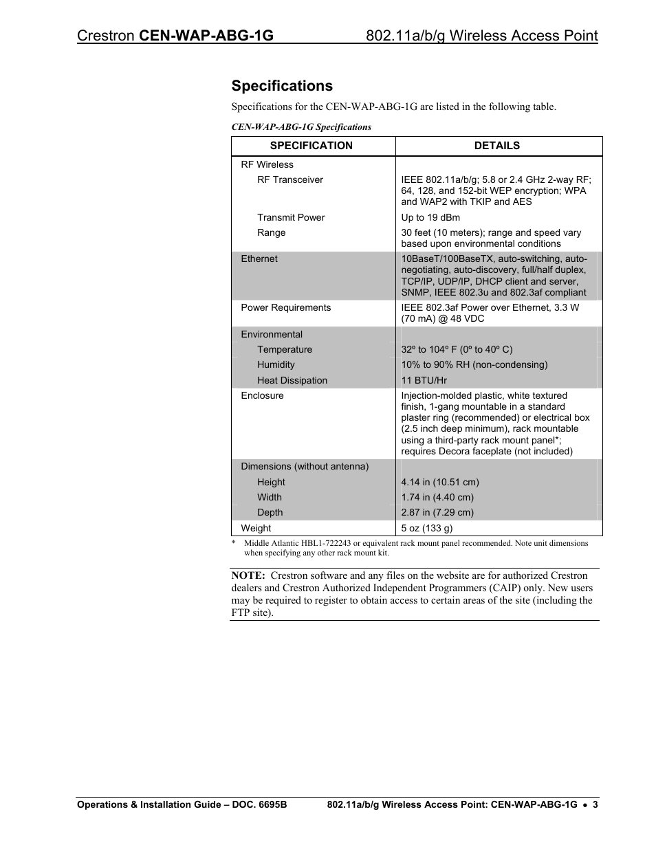 Specifications | Crestron electronic One-Gang 802.11a/b/g Wireless Access Point CEN-WAP-ABG-1G User Manual | Page 7 / 56