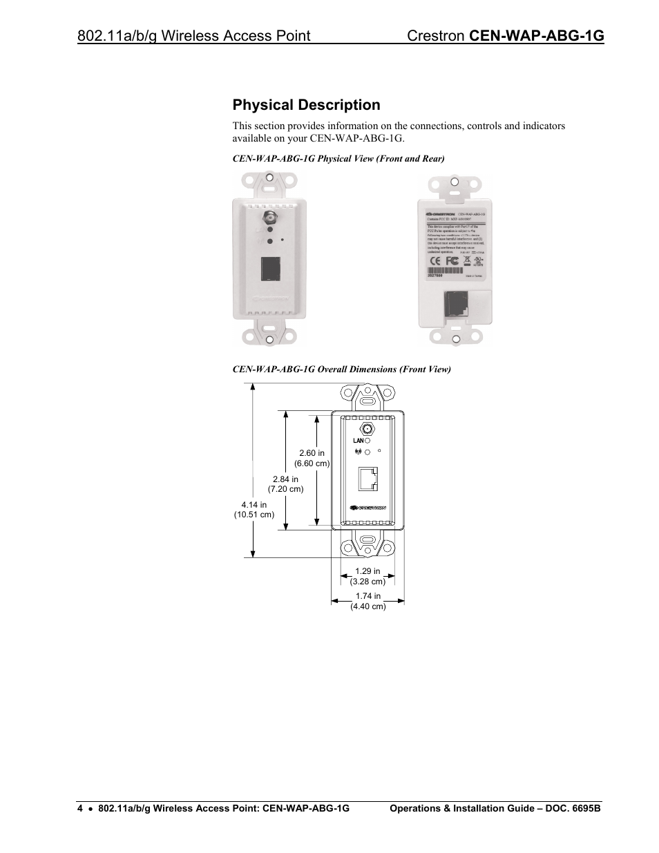 Physical description | Crestron electronic One-Gang 802.11a/b/g Wireless Access Point CEN-WAP-ABG-1G User Manual | Page 8 / 56