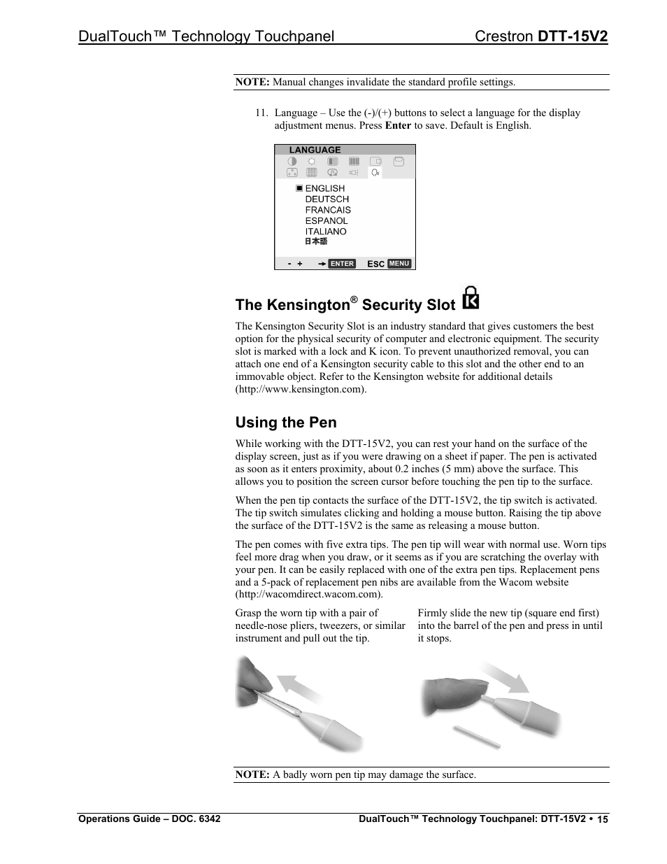 The kensington® security slot, Using the pen, The kensington | Security slot, Dualtouch™ technology touchpanel crestron dtt-15v2 | Crestron electronic DTT-15V2 User Manual | Page 19 / 24