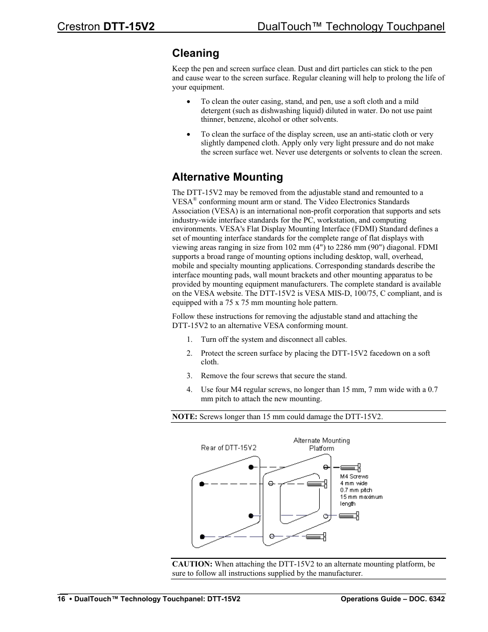 Cleaning, Alternative mounting, Crestron dtt-15v2 dualtouch™ technology touchpanel | Crestron electronic DTT-15V2 User Manual | Page 20 / 24