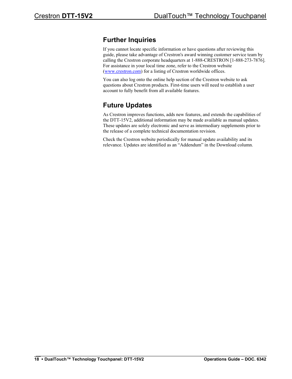 Further inquiries, Future updates, Crestron dtt-15v2 dualtouch™ technology touchpanel | Crestron electronic DTT-15V2 User Manual | Page 22 / 24
