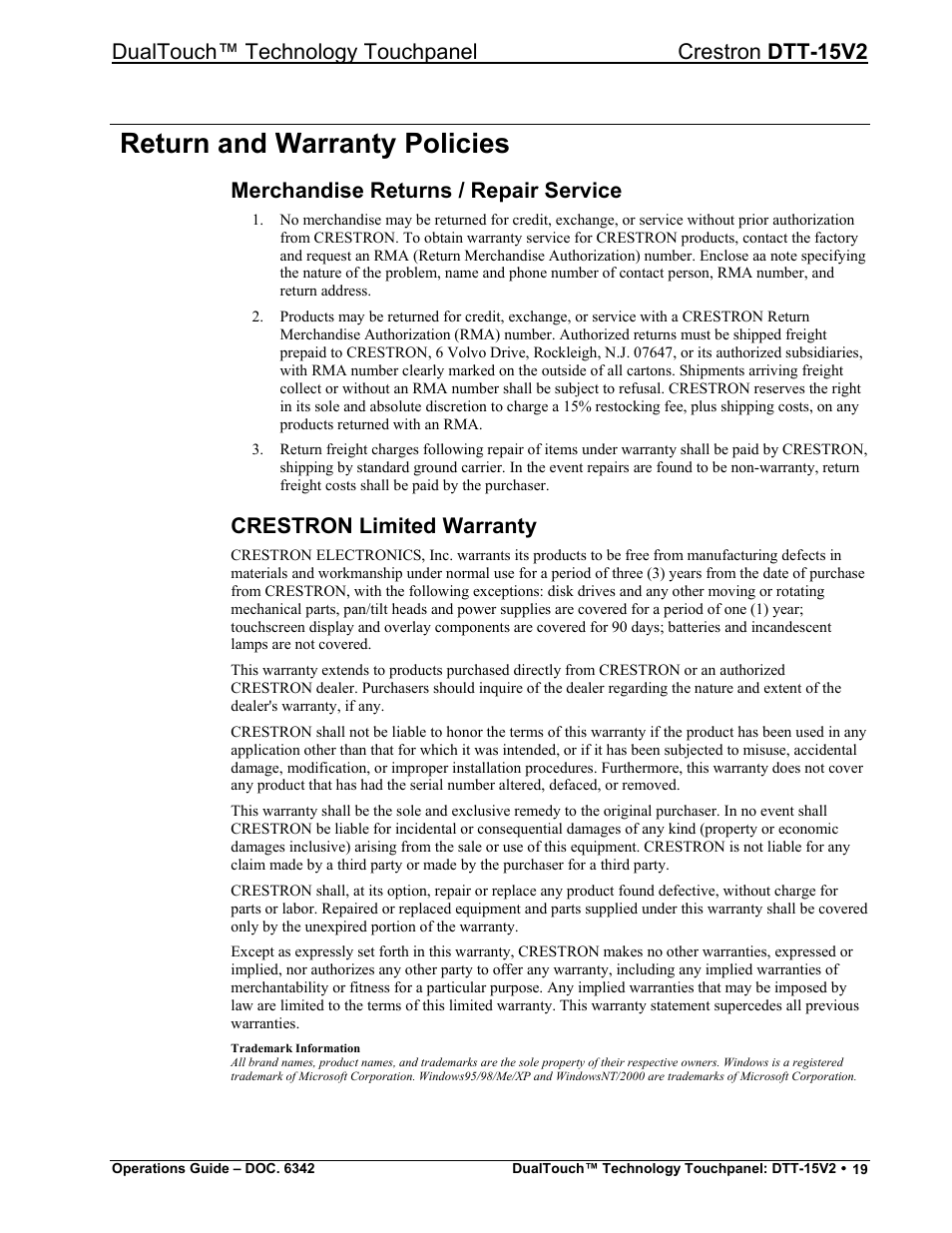 Return and warranty policies, Merchandise returns / repair service, Crestron limited warranty | Dualtouch™ technology touchpanel crestron dtt-15v2 | Crestron electronic DTT-15V2 User Manual | Page 23 / 24