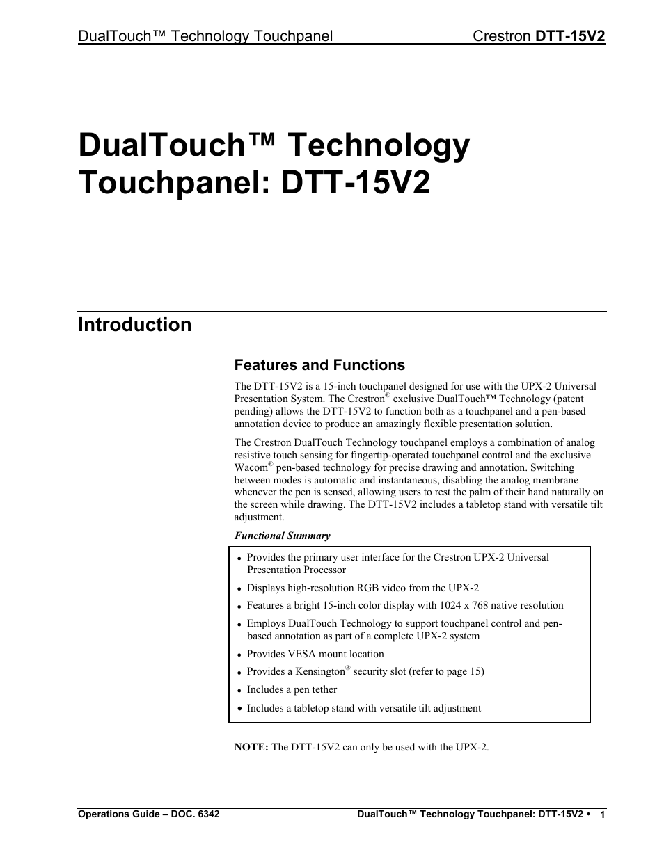 Dualtouch™ technology touchpanel: dtt-15v2, Introduction, Features and functions | Dualtouch™ technology touchpanel crestron dtt-15v2 | Crestron electronic DTT-15V2 User Manual | Page 5 / 24