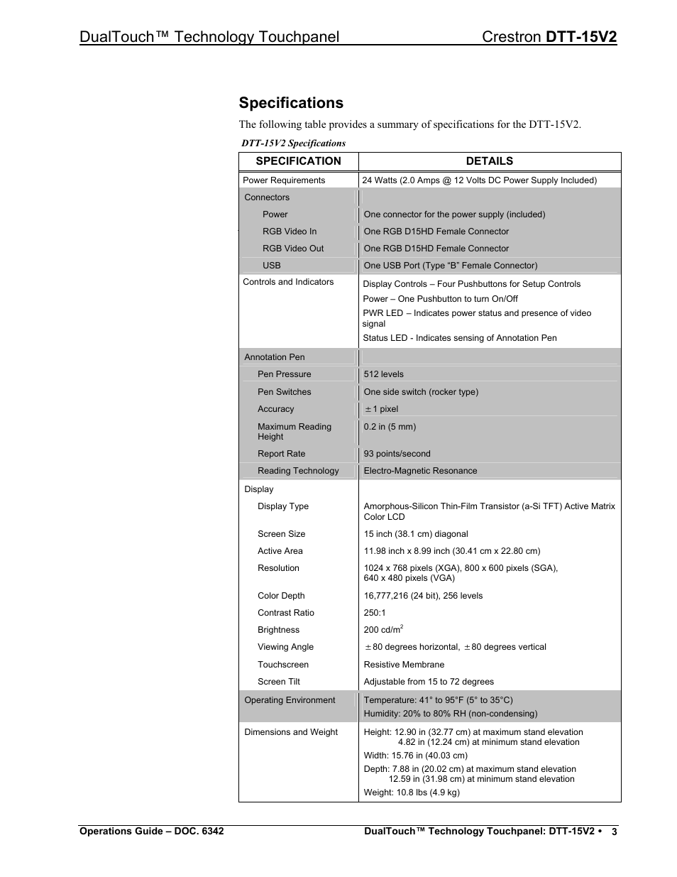 Specifications, Dualtouch™ technology touchpanel crestron dtt-15v2 | Crestron electronic DTT-15V2 User Manual | Page 7 / 24