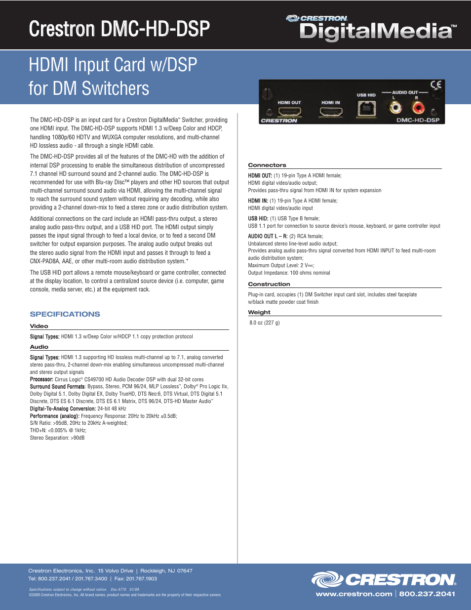 Crestron electronic HDMI Input Card w/ DSP DMC-HD-DSP User Manual | 1 page