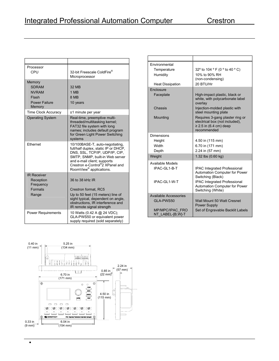 Specifications | Crestron electronic IPAC User Manual | Page 8 / 12