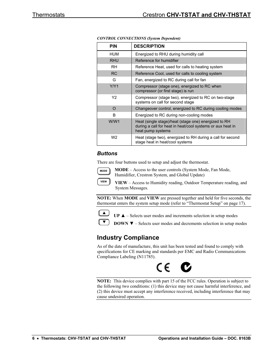 Buttons, Industry compliance, Thermostats crestron chv-tstat and chv-thstat | Crestron electronic CHV-TSTAT User Manual | Page 10 / 48