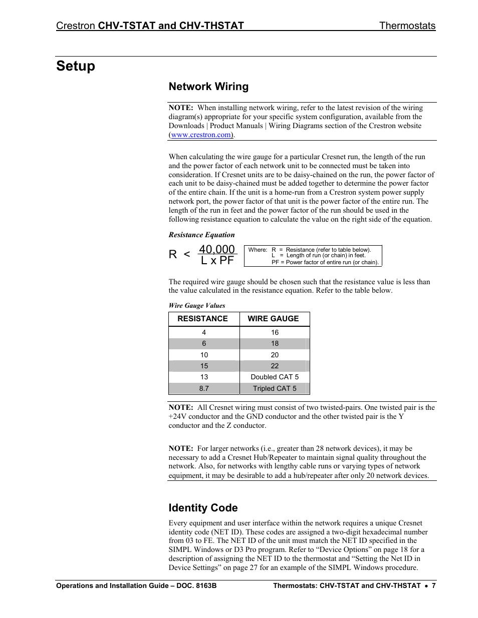 Setup, Network wiring, Identity code | Crestron chv-tstat and chv-thstat thermostats | Crestron electronic CHV-TSTAT User Manual | Page 11 / 48