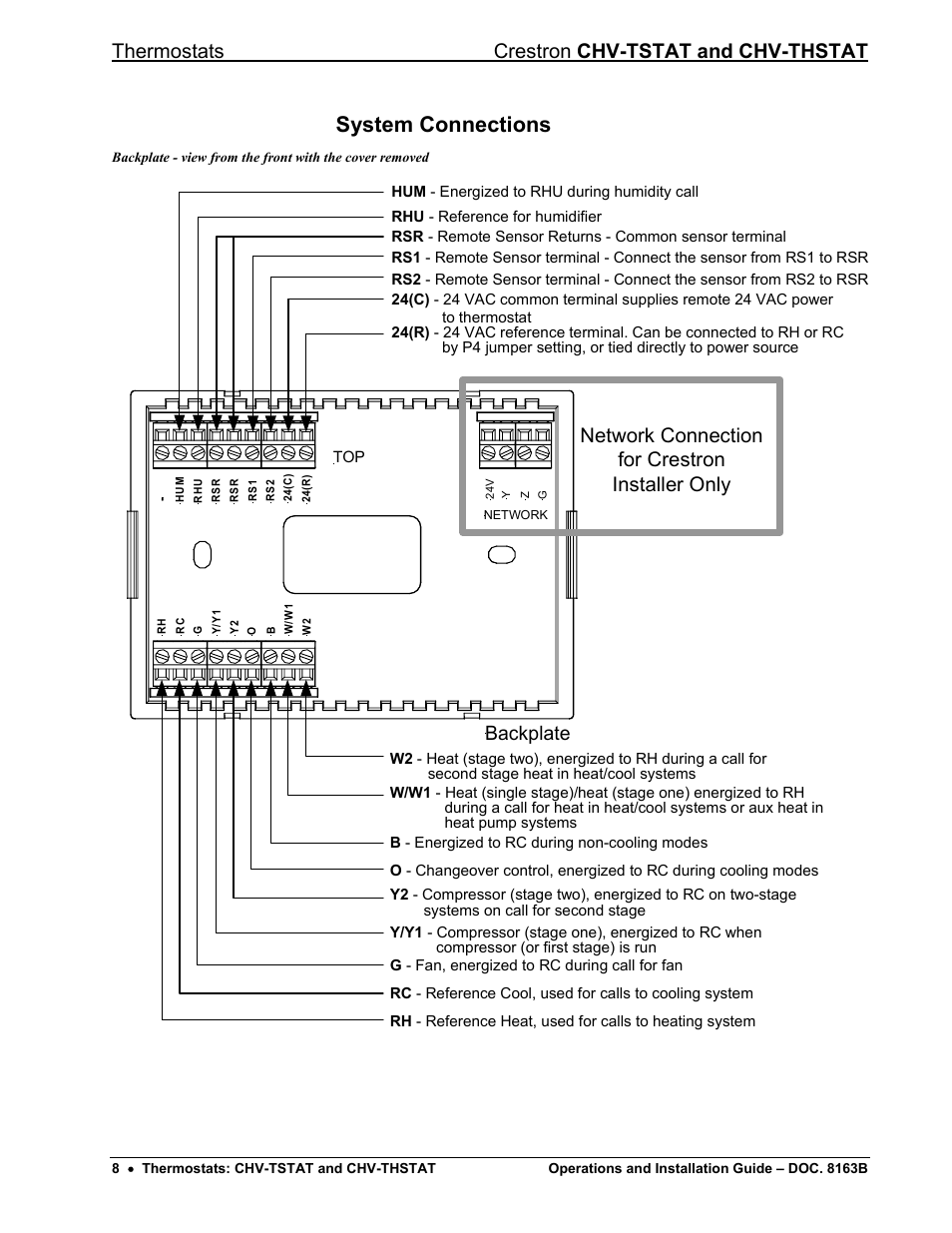 System connections, Thermostats crestron chv-tstat and chv-thstat, Network connection for crestron installer only | Backplate | Crestron electronic CHV-TSTAT User Manual | Page 12 / 48
