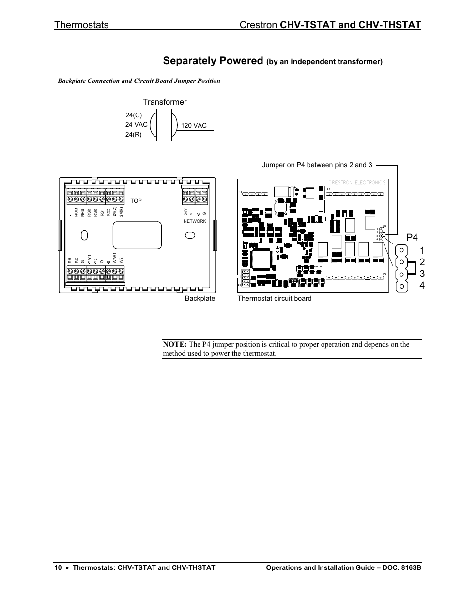 Separately powered (by an independent transformer), Separately powered, Thermostats crestron chv-tstat and chv-thstat | Transformer, By an independent transformer), Jumper on p4 between pins 2 and 3, Backplate thermostat circuit board | Crestron electronic CHV-TSTAT User Manual | Page 14 / 48