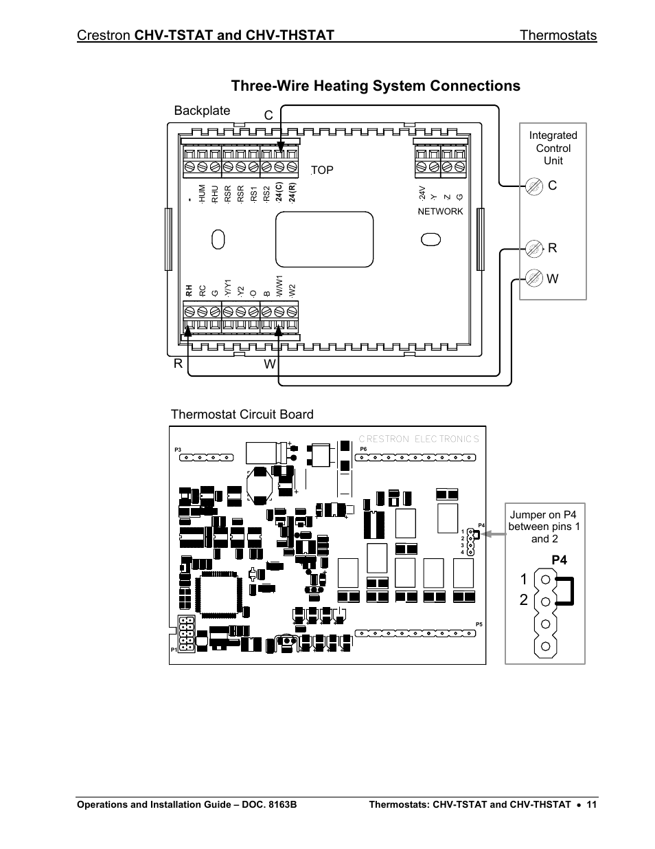 Three-wire heating system connections, Ge 11), Crestron chv-tstat and chv-thstat thermostats | P4 c r w, Backplate thermostat circuit board, Rw c | Crestron electronic CHV-TSTAT User Manual | Page 15 / 48