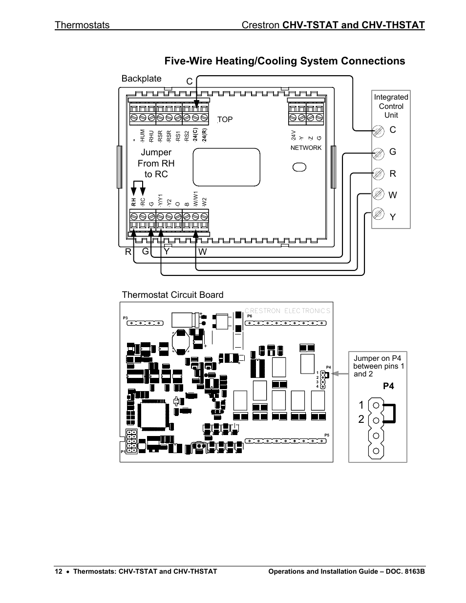 Five-wire heating/cooling system connections, Thermostats crestron chv-tstat and chv-thstat, Cg r w y | Backplate jumper from rh to rc | Crestron electronic CHV-TSTAT User Manual | Page 16 / 48