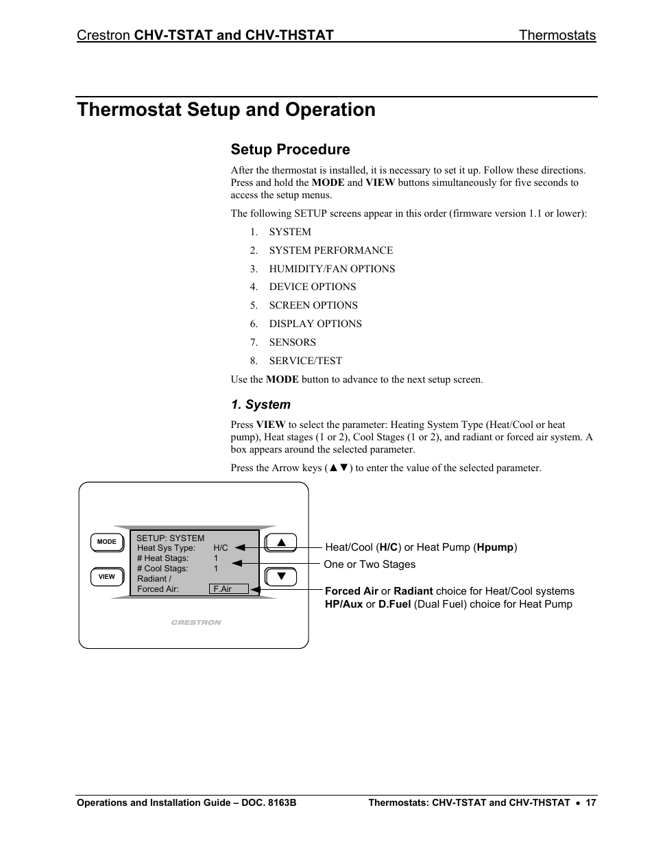 Thermostat setup and operation, Setup procedure, System | Ge 17), Crestron chv-tstat and chv-thstat thermostats | Crestron electronic CHV-TSTAT User Manual | Page 21 / 48