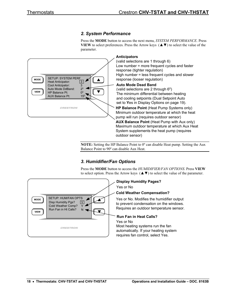 System performance, Humidifier/fan options, Thermostats crestron chv-tstat and chv-thstat | Crestron electronic CHV-TSTAT User Manual | Page 22 / 48