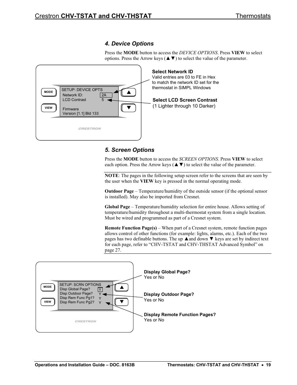 Device options, Screen options, Crestron chv-tstat and chv-thstat thermostats | Crestron electronic CHV-TSTAT User Manual | Page 23 / 48