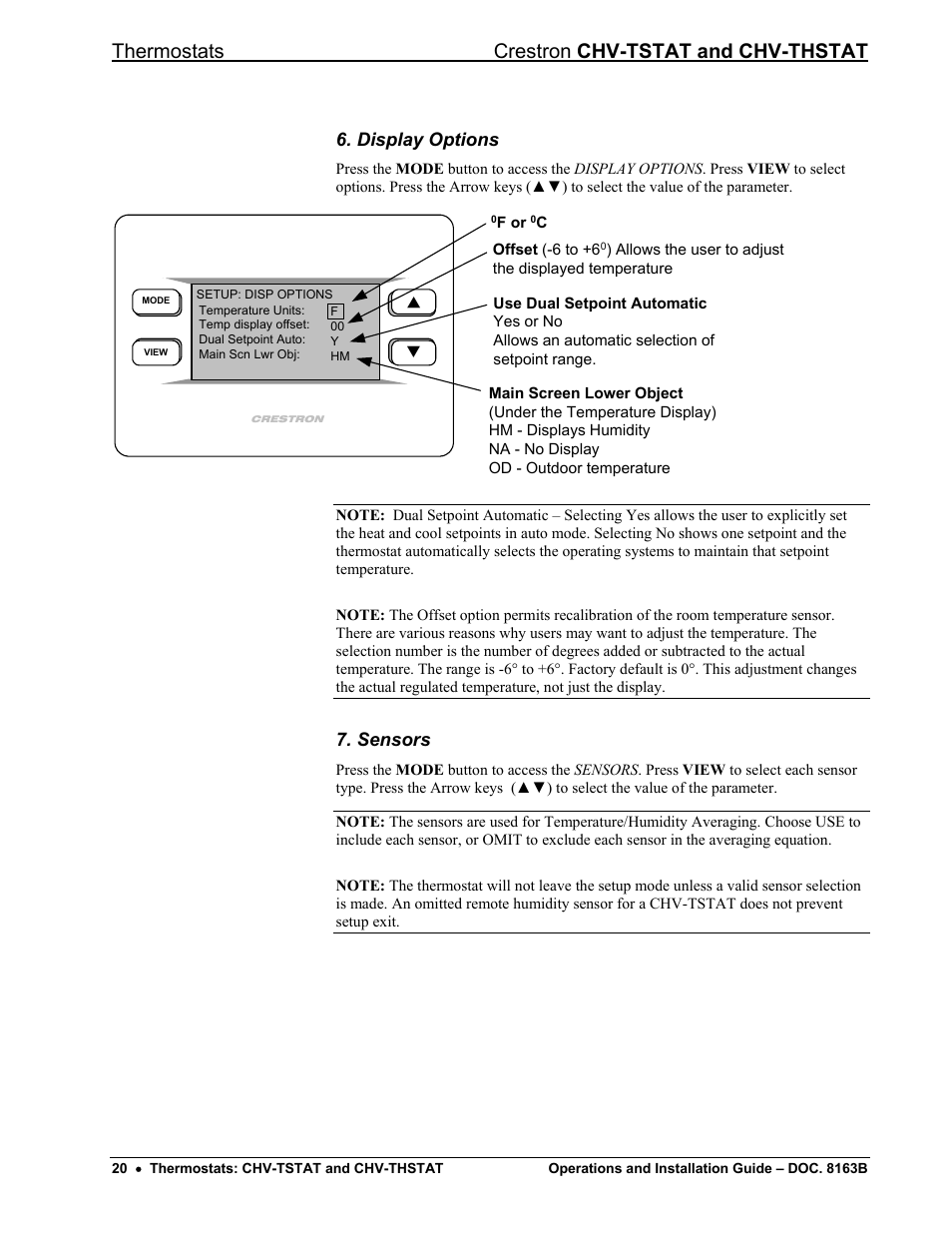 Display options, Sensors, Thermostats crestron chv-tstat and chv-thstat | Crestron electronic CHV-TSTAT User Manual | Page 24 / 48