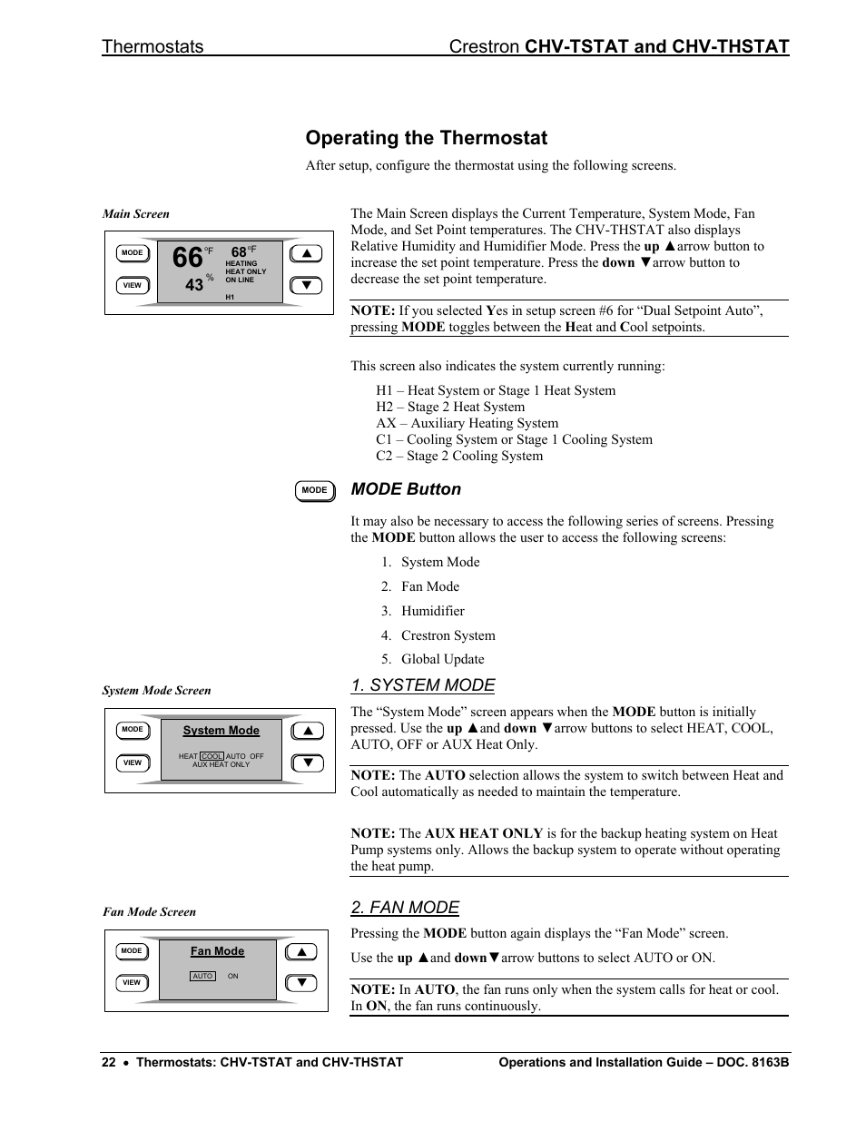 Operating the thermostat, Mode button, Thermostats crestron chv-tstat and chv-thstat | System mode, Fan mode | Crestron electronic CHV-TSTAT User Manual | Page 26 / 48