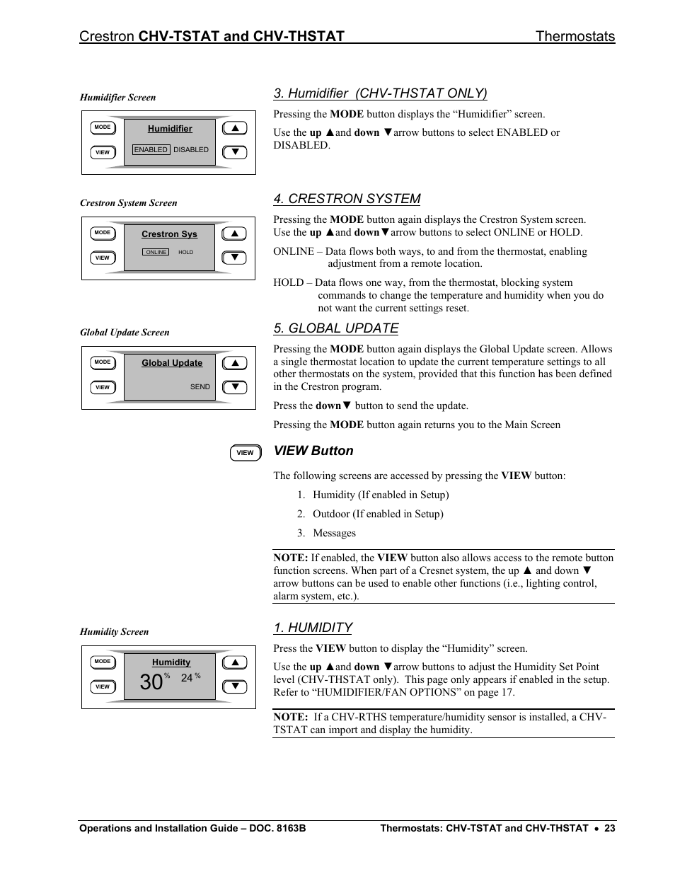 View button, Crestron chv-tstat and chv-thstat thermostats, Humidifier (chv-thstat only) | Crestron system, Global update, Humidity | Crestron electronic CHV-TSTAT User Manual | Page 27 / 48