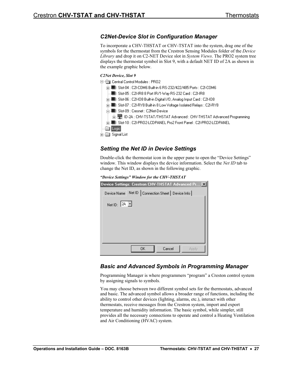 C2net-device slot in configuration manager, Setting the net id in device settings, Basic and advanced symbols in programming manager | Crestron chv-tstat and chv-thstat thermostats | Crestron electronic CHV-TSTAT User Manual | Page 31 / 48