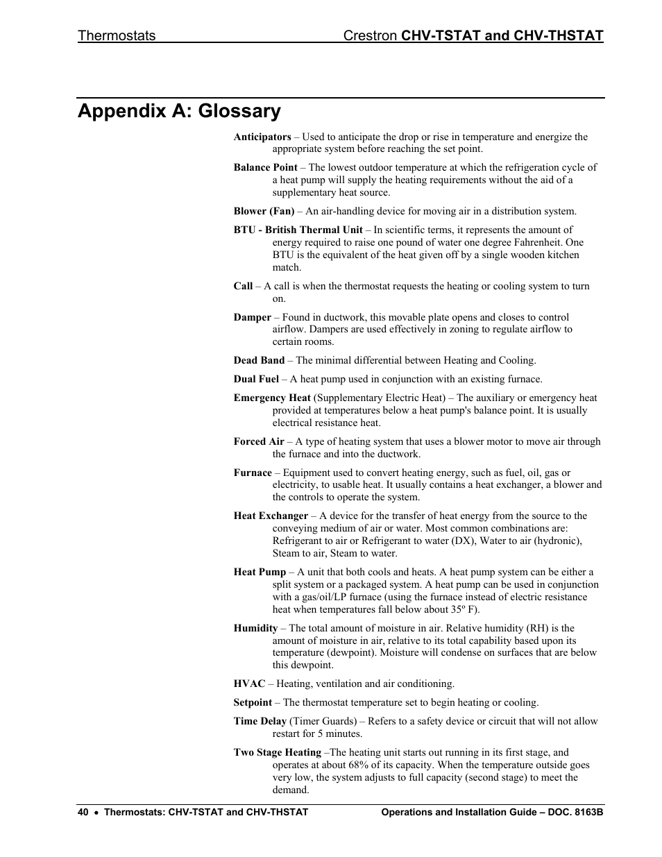 Appendix a: glossary, Thermostats crestron chv-tstat and chv-thstat | Crestron electronic CHV-TSTAT User Manual | Page 44 / 48