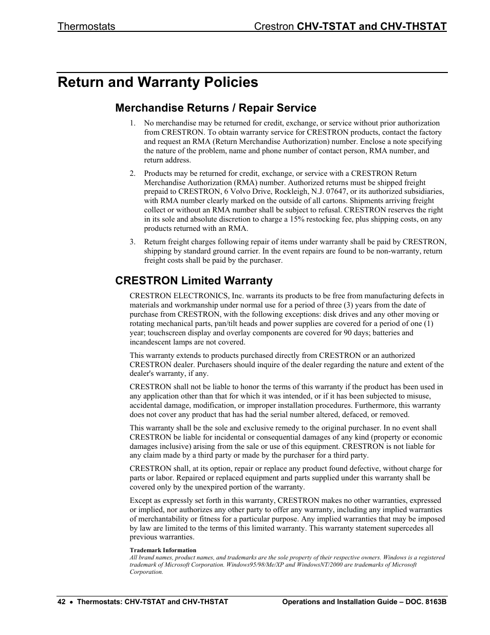 Return and warranty policies, Merchandise returns / repair service, Crestron limited warranty | Thermostats crestron chv-tstat and chv-thstat | Crestron electronic CHV-TSTAT User Manual | Page 46 / 48