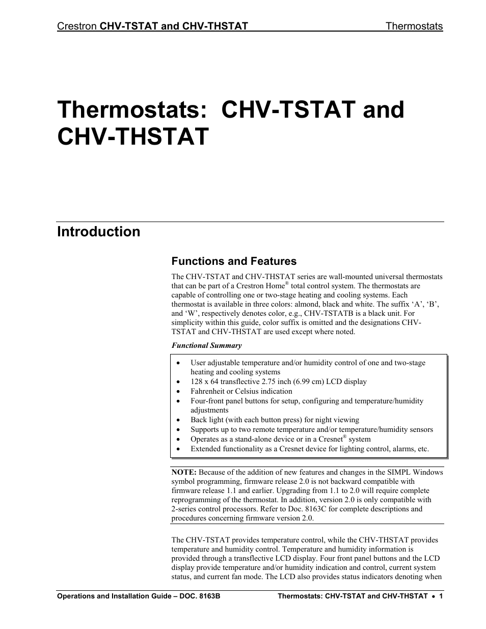 Thermostats: chv-tstat and chv-thstat, Introduction, Functions and features | Crestron chv-tstat and chv-thstat thermostats | Crestron electronic CHV-TSTAT User Manual | Page 5 / 48