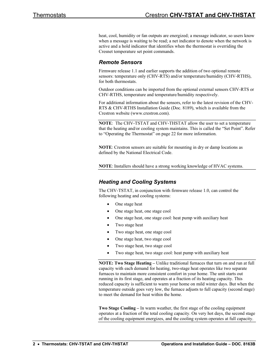 Remote sensors, Heating and cooling systems, Thermostats crestron chv-tstat and chv-thstat | Crestron electronic CHV-TSTAT User Manual | Page 6 / 48
