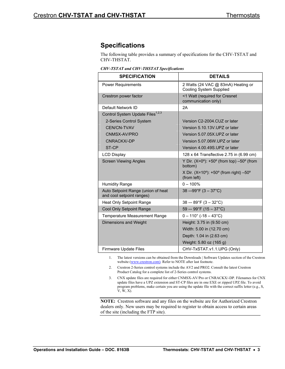 Specifications, Crestron chv-tstat and chv-thstat thermostats | Crestron electronic CHV-TSTAT User Manual | Page 7 / 48
