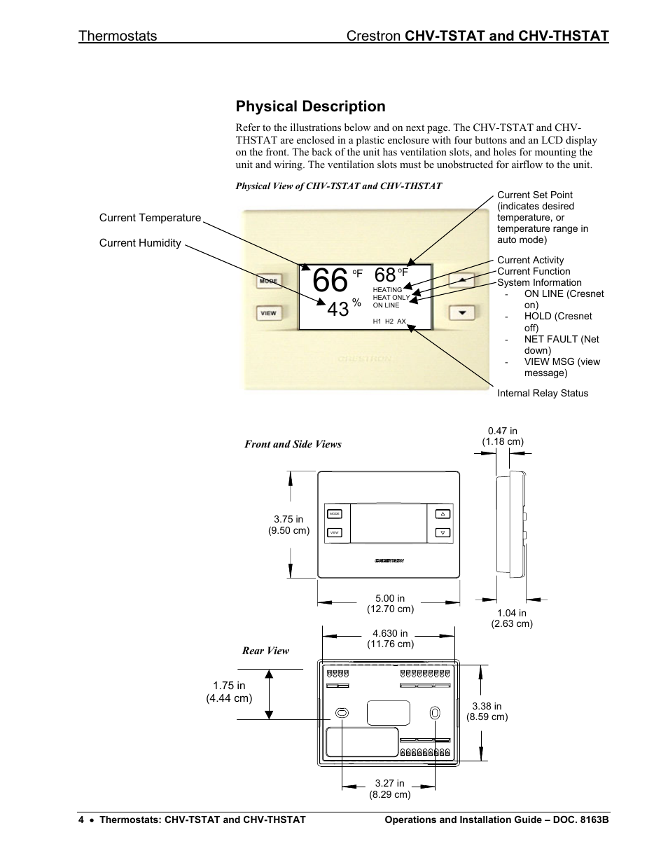 Physical description, Thermostats crestron chv-tstat and chv-thstat | Crestron electronic CHV-TSTAT User Manual | Page 8 / 48
