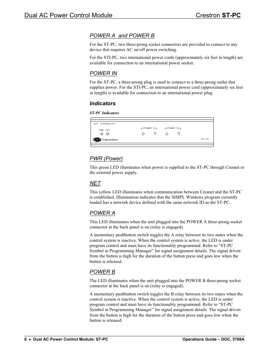 Dual ac power control module crestron st-pc, Power a and power b, Power in | Indicators, Pwr (power), Power a, Power b | Crestron electronic ST-PC User Manual | Page 10 / 24