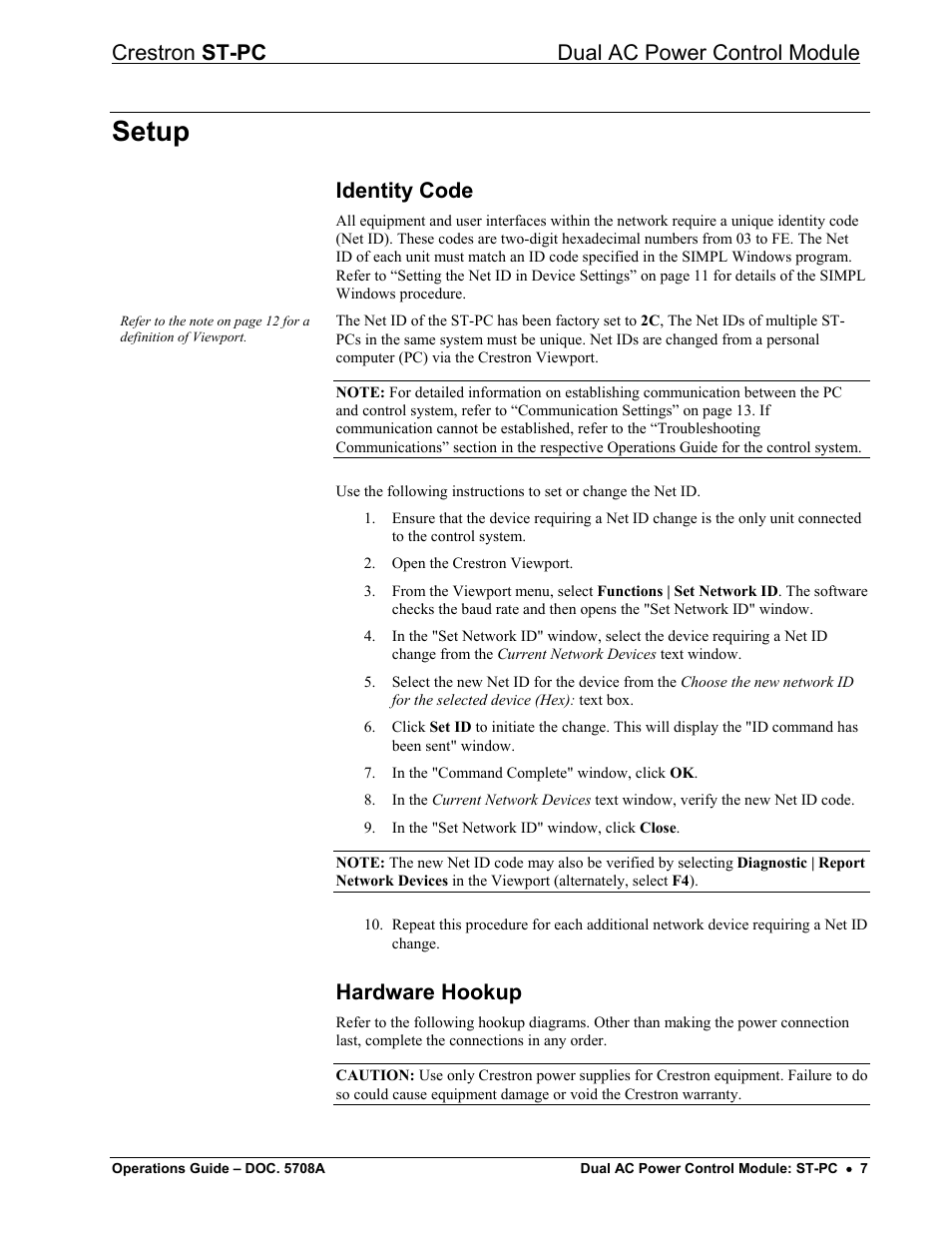 Setup, Identity code, Hardware hookup | Crestron st-pc dual ac power control module | Crestron electronic ST-PC User Manual | Page 11 / 24