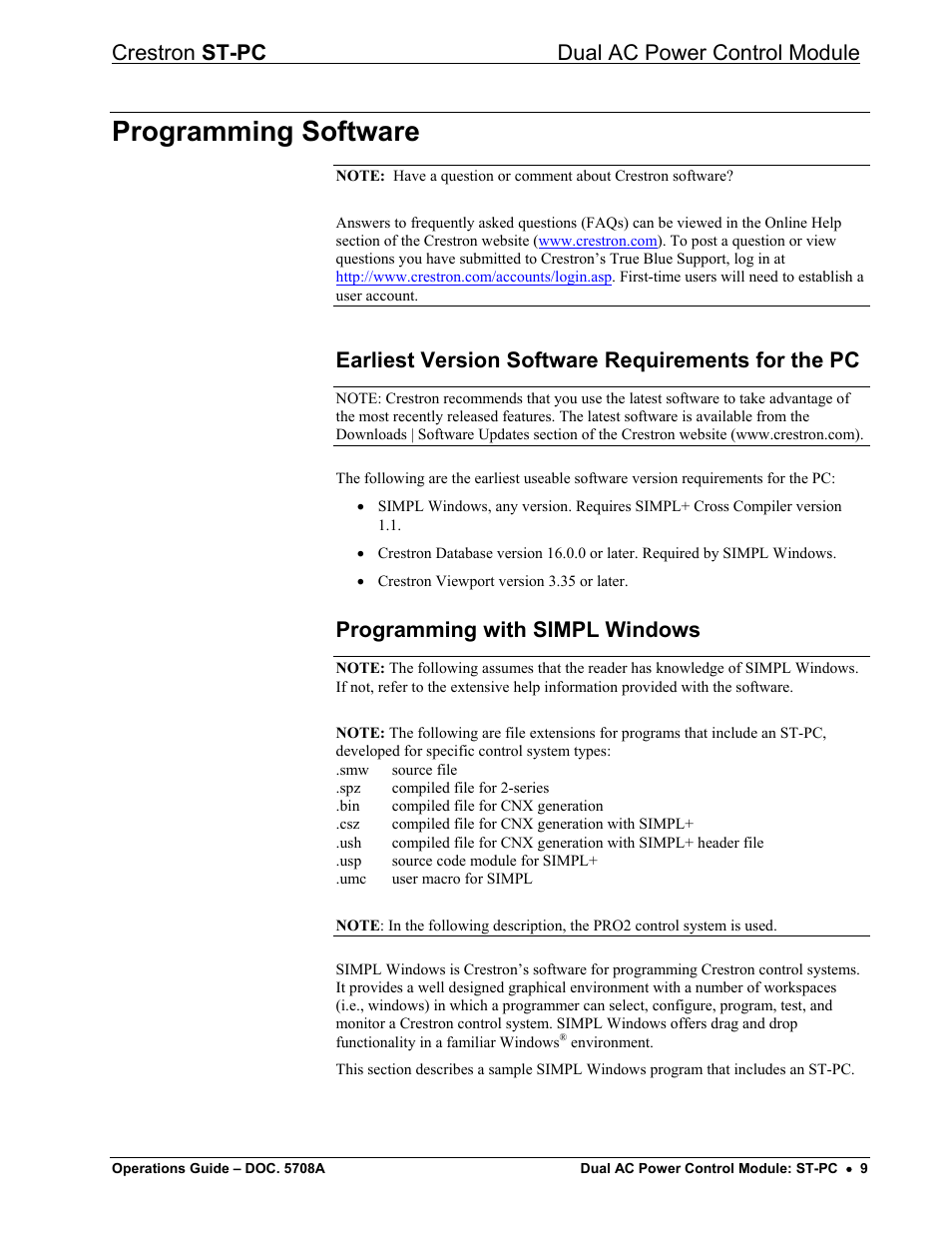 Programming software, Earliest version software requirements for the pc, Programming with simpl windows | Crestron st-pc dual ac power control module | Crestron electronic ST-PC User Manual | Page 13 / 24
