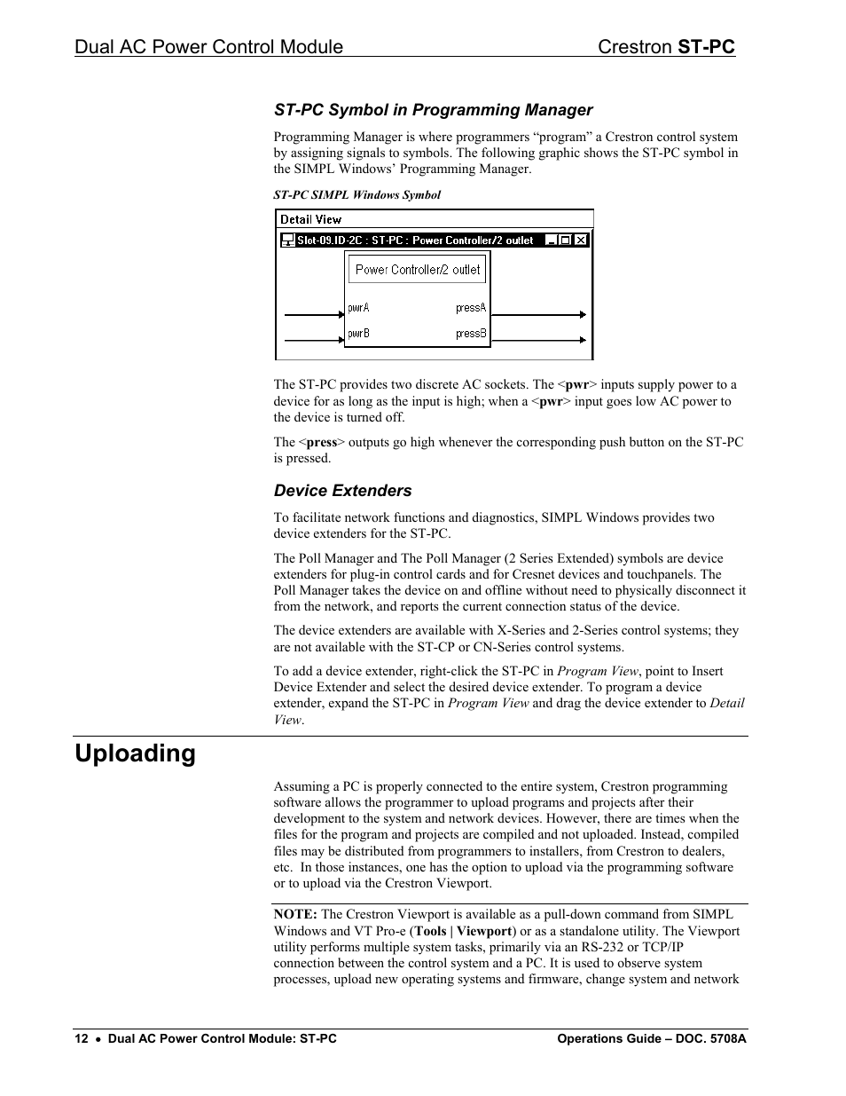 Uploading, Dual ac power control module crestron st-pc | Crestron electronic ST-PC User Manual | Page 16 / 24
