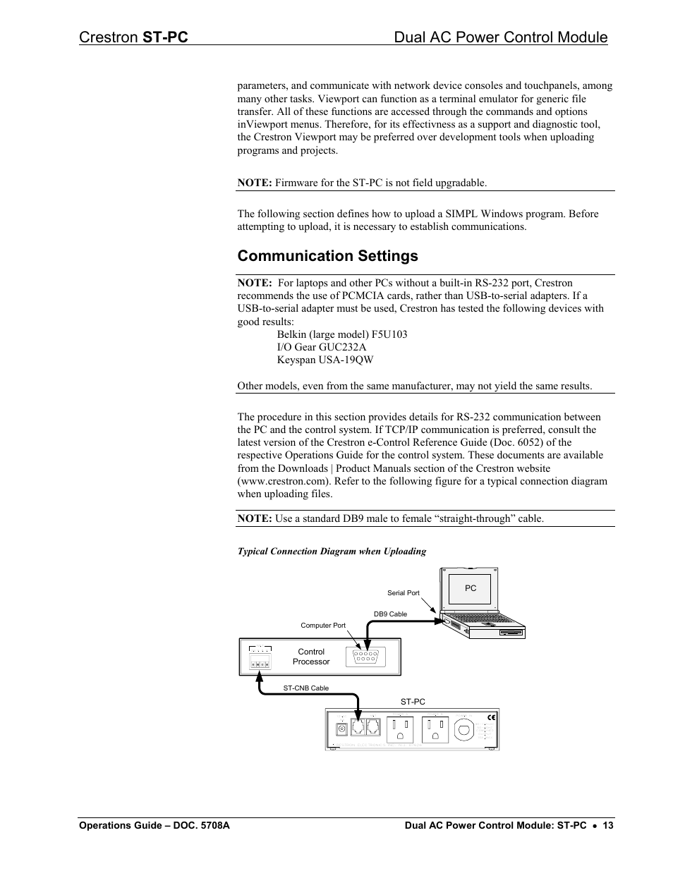 Communication settings, Crestron st-pc dual ac power control module, Typical connection diagram when uploading | Crestron electronic ST-PC User Manual | Page 17 / 24