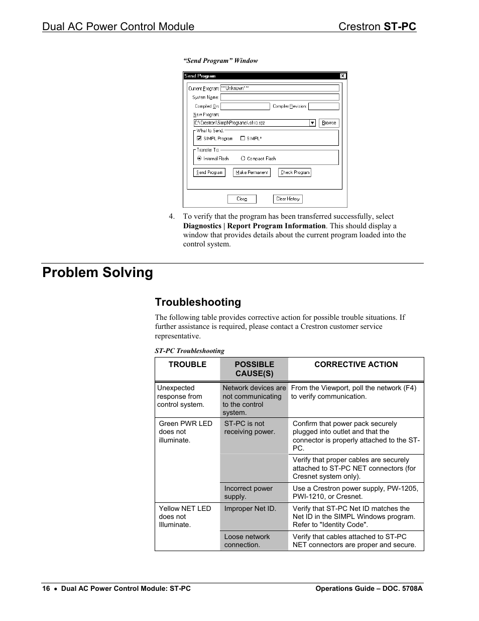 Problem solving, Troubleshooting, Dual ac power control module crestron st-pc | Crestron electronic ST-PC User Manual | Page 20 / 24
