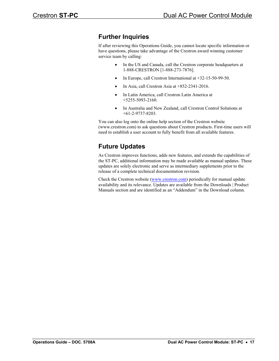 Further inquiries, Future updates, Crestron st-pc dual ac power control module | Crestron electronic ST-PC User Manual | Page 21 / 24