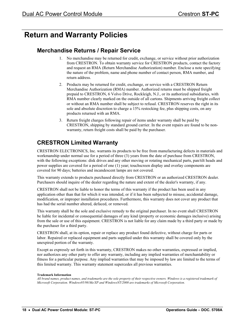 Return and warranty policies, Merchandise returns / repair service, Crestron limited warranty | Dual ac power control module crestron st-pc | Crestron electronic ST-PC User Manual | Page 22 / 24