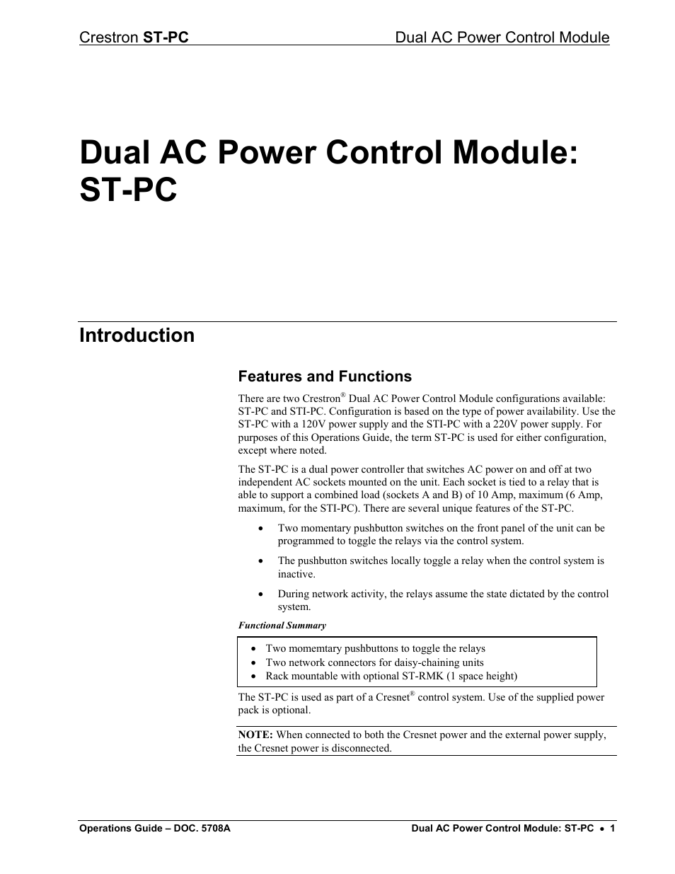 Dual ac power control module: st-pc, Introduction, Features and functions | Crestron st-pc dual ac power control module | Crestron electronic ST-PC User Manual | Page 5 / 24