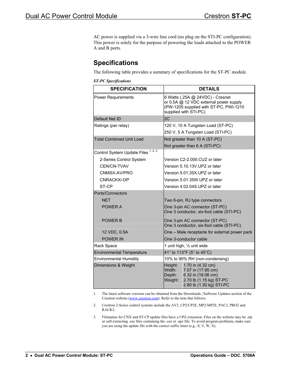 Specifications, Dual ac power control module crestron st-pc | Crestron electronic ST-PC User Manual | Page 6 / 24