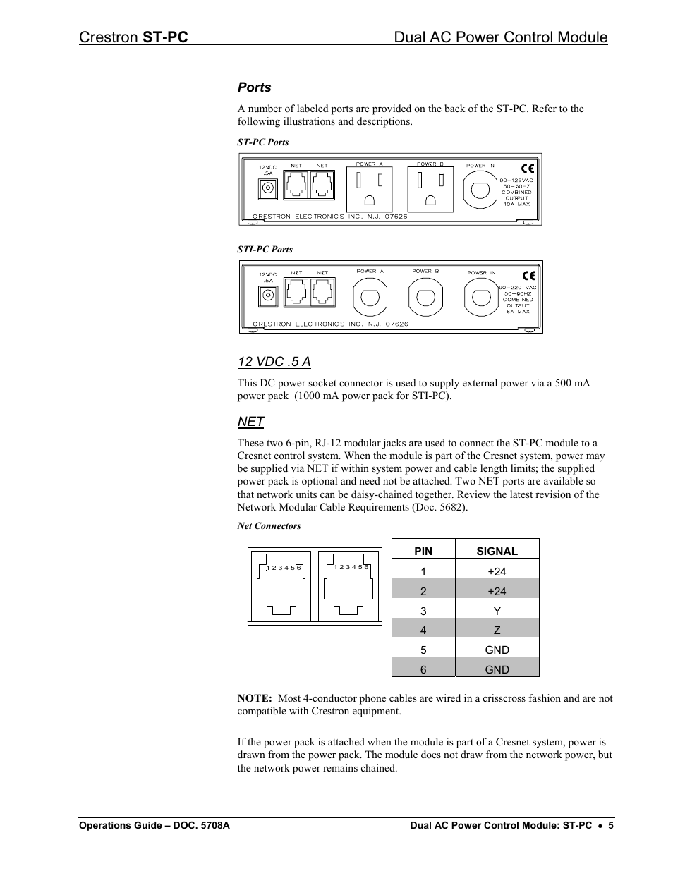 Crestron st-pc dual ac power control module, Ports, 12 vdc .5 a | Crestron electronic ST-PC User Manual | Page 9 / 24
