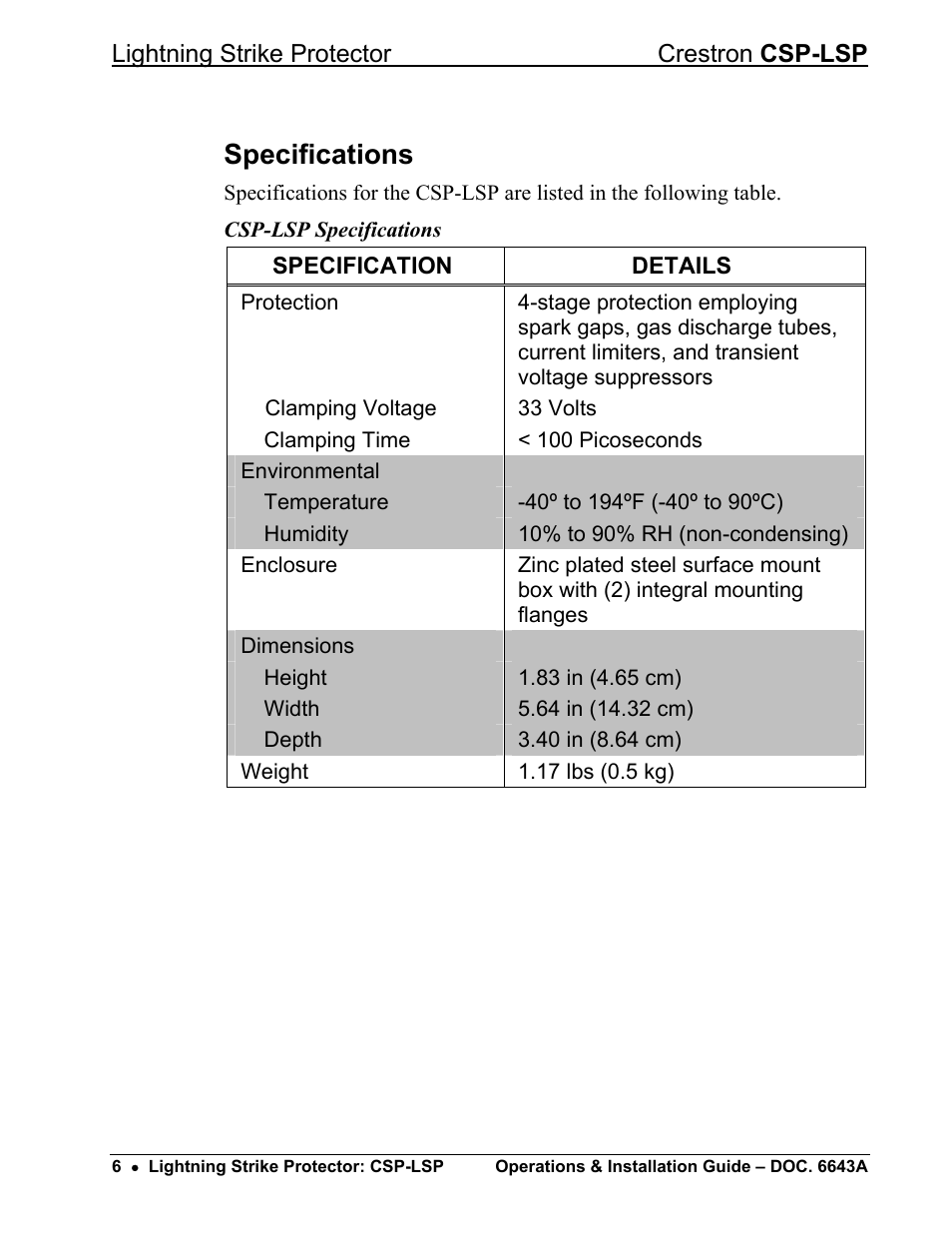 Specifications | Crestron electronic CSP-LSP User Manual | Page 10 / 24