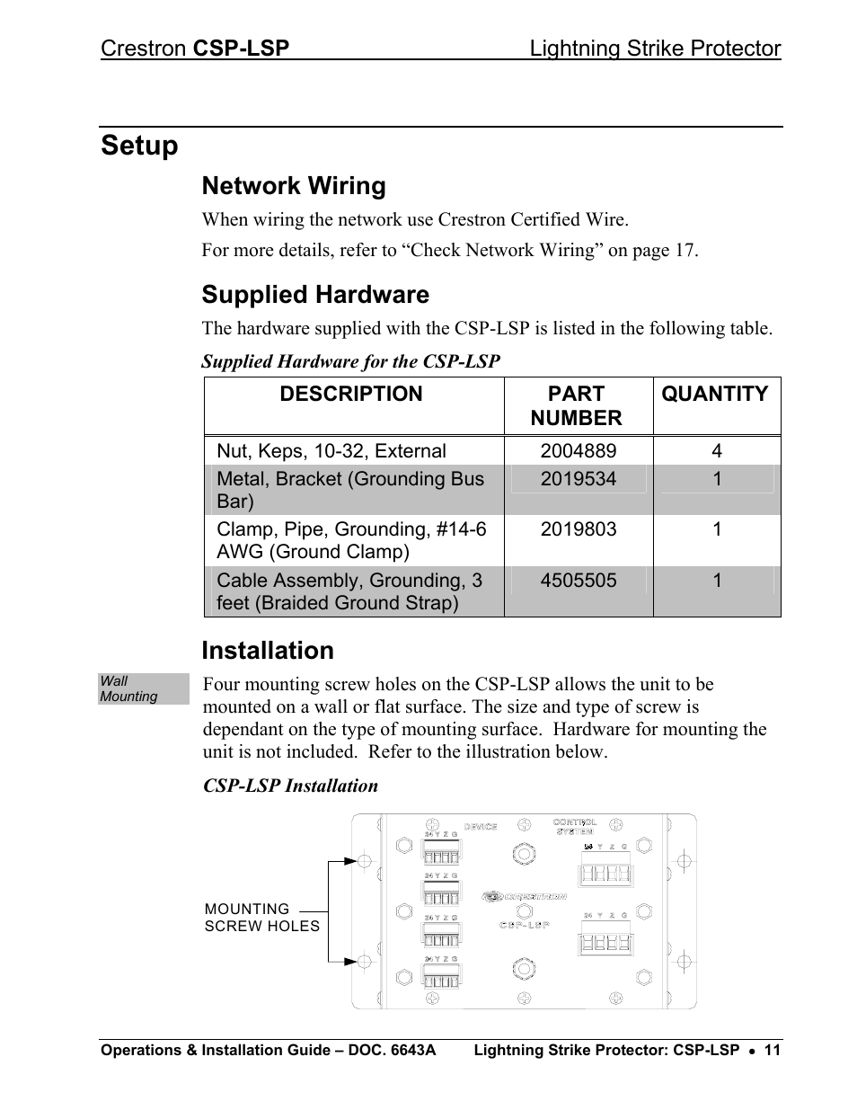 Setup, Network wiring, Supplied hardware | Installation | Crestron electronic CSP-LSP User Manual | Page 15 / 24