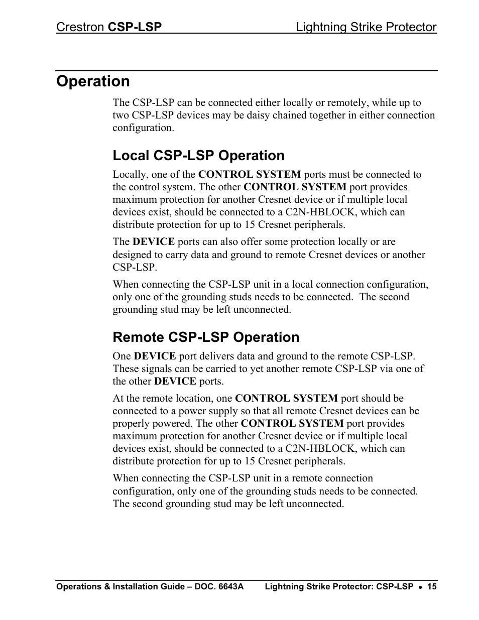 Operation, Local csp-lsp operation, Remote csp-lsp operation | Crestron electronic CSP-LSP User Manual | Page 19 / 24