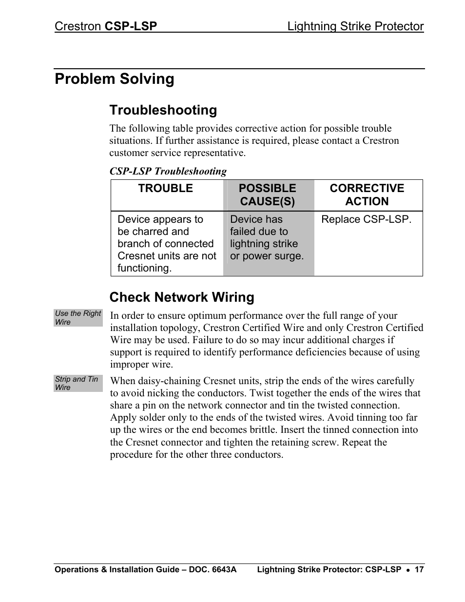 Problem solving, Troubleshooting, Check network wiring | Crestron electronic CSP-LSP User Manual | Page 21 / 24