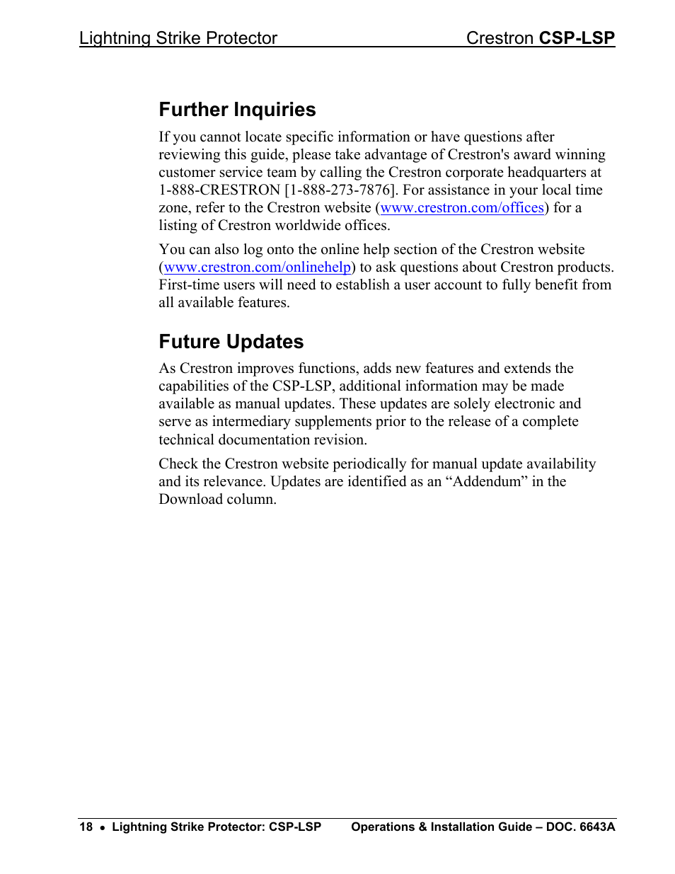 Further inquiries, Future updates | Crestron electronic CSP-LSP User Manual | Page 22 / 24