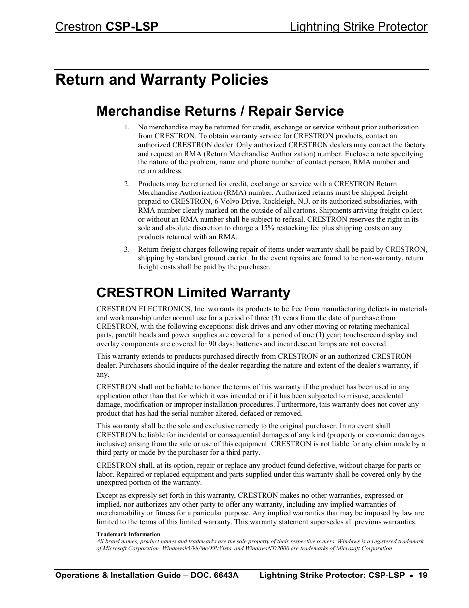Return and warranty policies, Merchandise returns / repair service, Crestron limited warranty | Crestron csp-lsp lightning strike protector | Crestron electronic CSP-LSP User Manual | Page 23 / 24