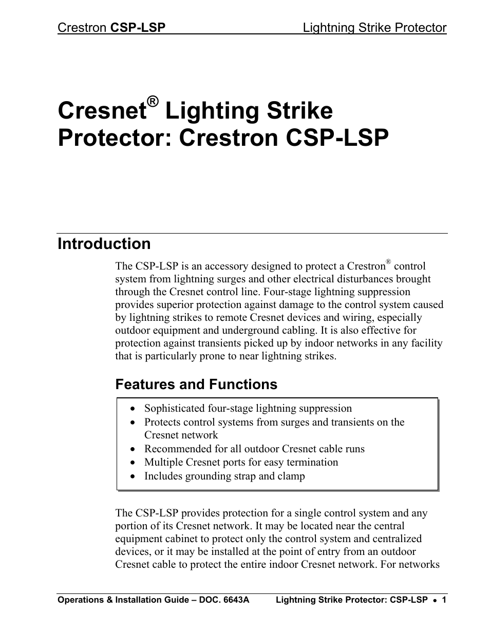 Cresnet® lighting strike protector: crestron csp, Introduction, Features and functions | Cresnet, Lighting strike protector: crestron csp-lsp | Crestron electronic CSP-LSP User Manual | Page 5 / 24