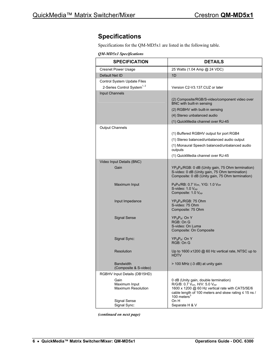 Specifications, Specification details | Crestron electronic QM-MD5x1 User Manual | Page 10 / 72